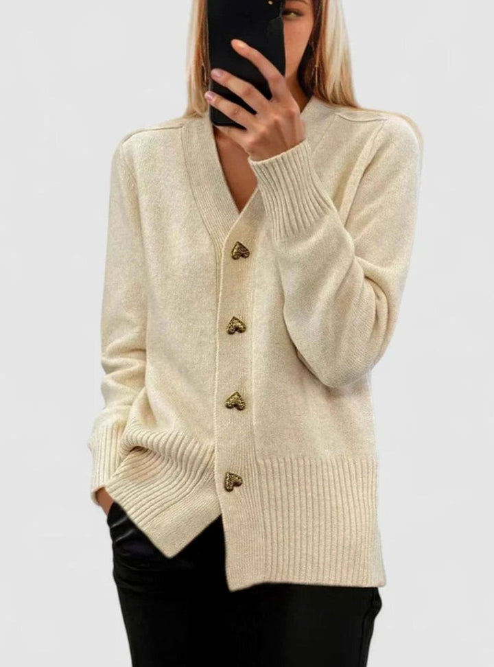 Women's V-Neck Gold Heart-Button Elegant Cardigan Sweater - Cream
