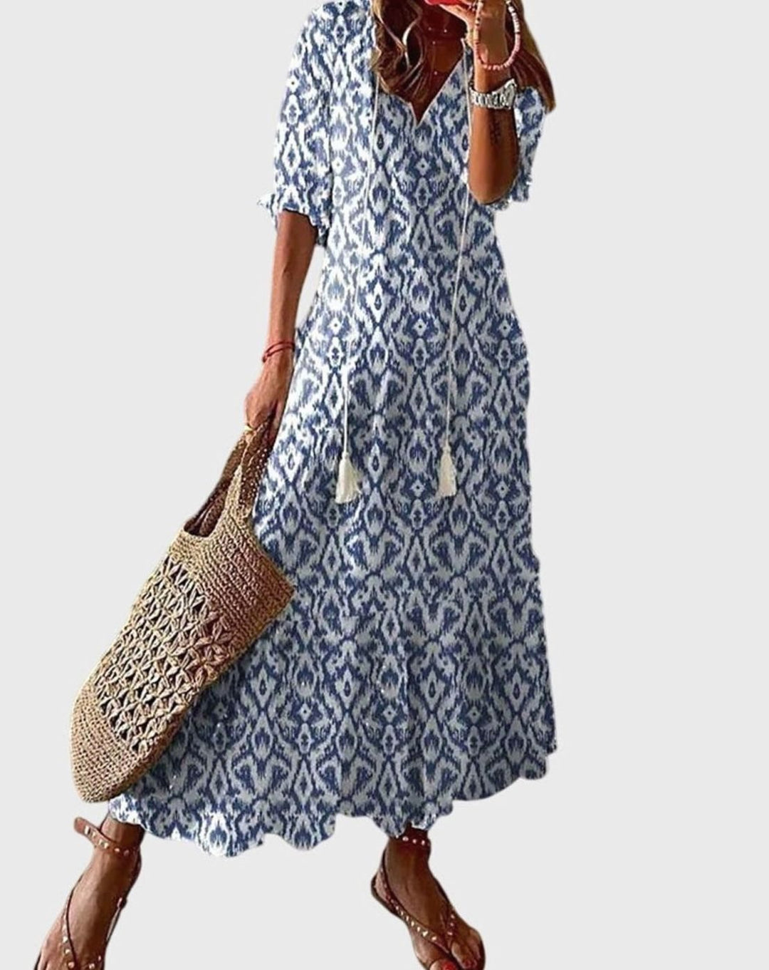 Women's V-Neck Ikat-Print Tassel-Tie Boho Dress - Blue