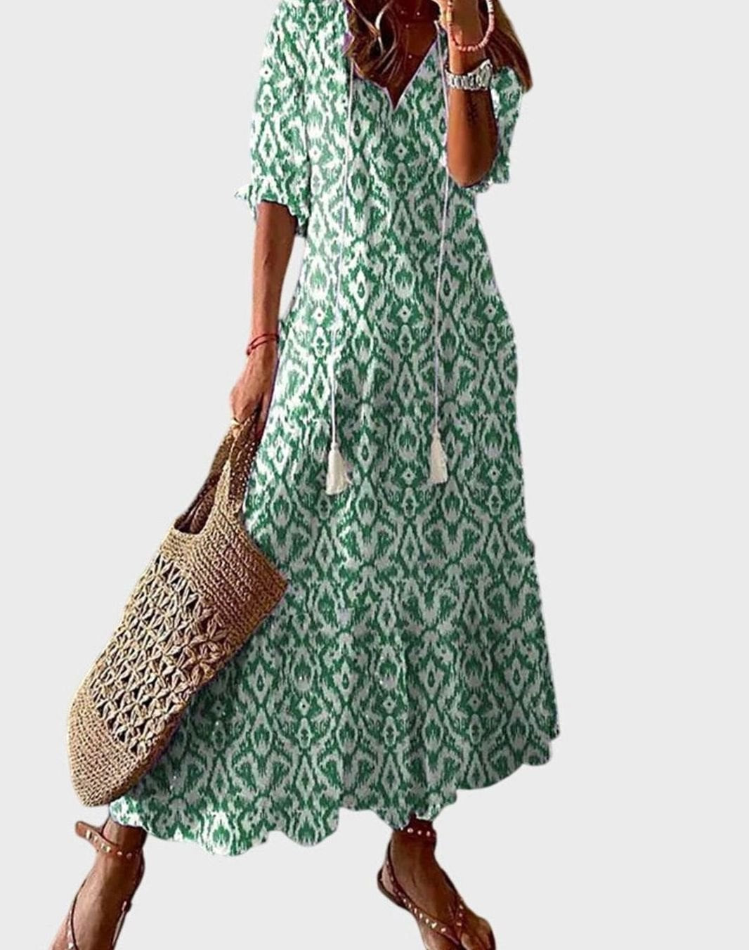 Women's V-Neck Ikat-Print Tassel-Tie Boho Dress - Green