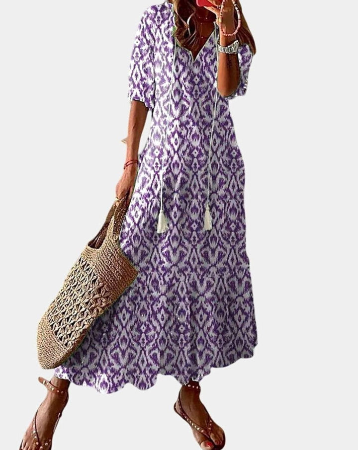 Women's V-Neck Ikat-Print Tassel-Tie Boho Dress - Purple