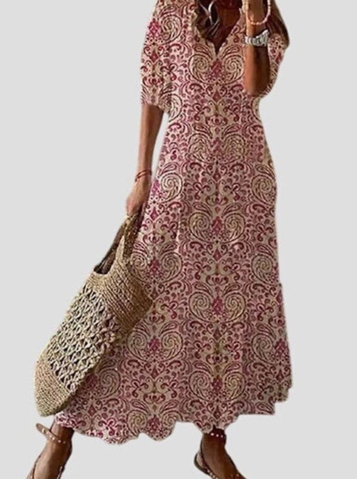 Women's V-Neck Ikat-Print Tassel-Tie Boho Dress - Red