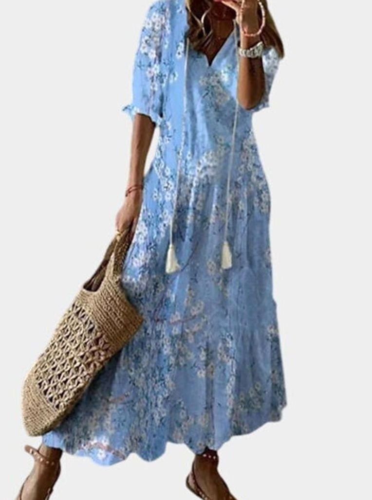 Women's V-Neck Ikat-Print Tassel-Tie Boho Dress - Light Blue