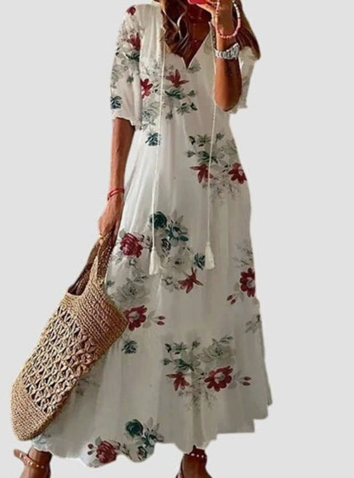 Women's V-Neck Ikat-Print Tassel-Tie Boho Dress