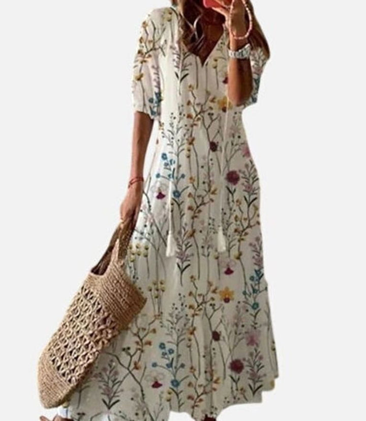 Women's V-Neck Ikat-Print Tassel-Tie Boho Dress - Floral