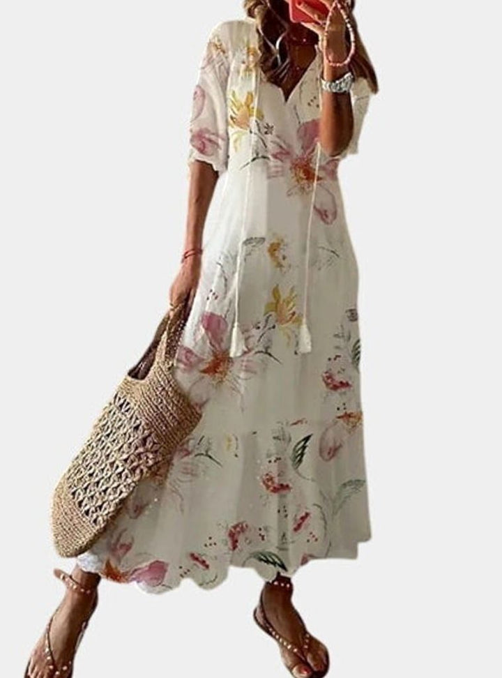 Women's V-Neck Ikat-Print Tassel-Tie Boho Dress - White