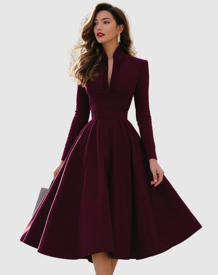 Women's V-Neck Long Sleeve Fit-and-Flare Pleated Midi Dress