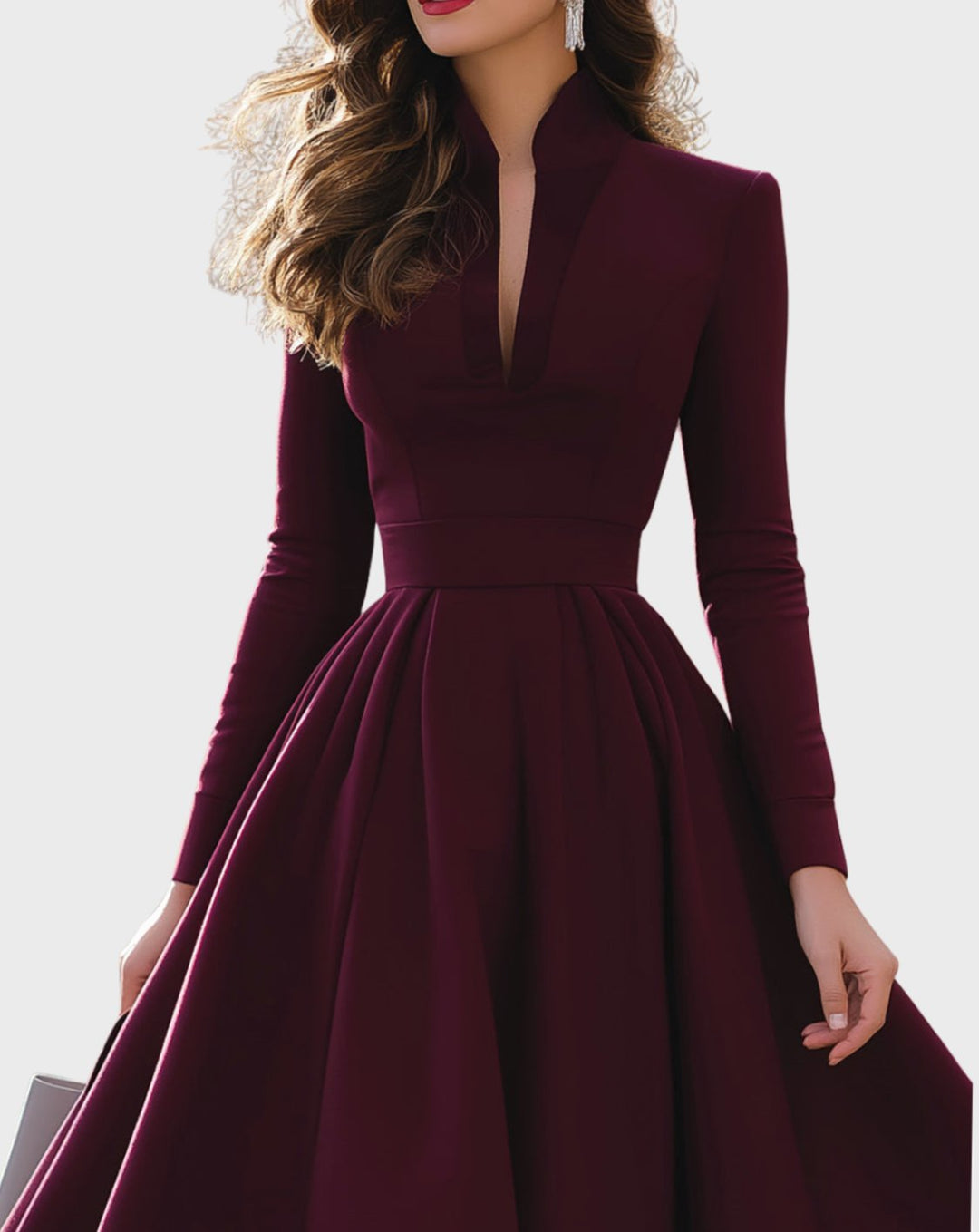 Women's V-Neck Long Sleeve Fit-and-Flare Pleated Midi Dress