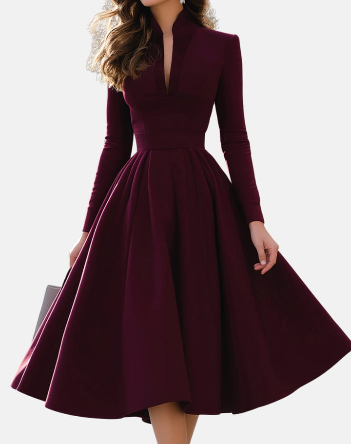 Women's V-Neck Long Sleeve Fit-and-Flare Pleated Midi Dress