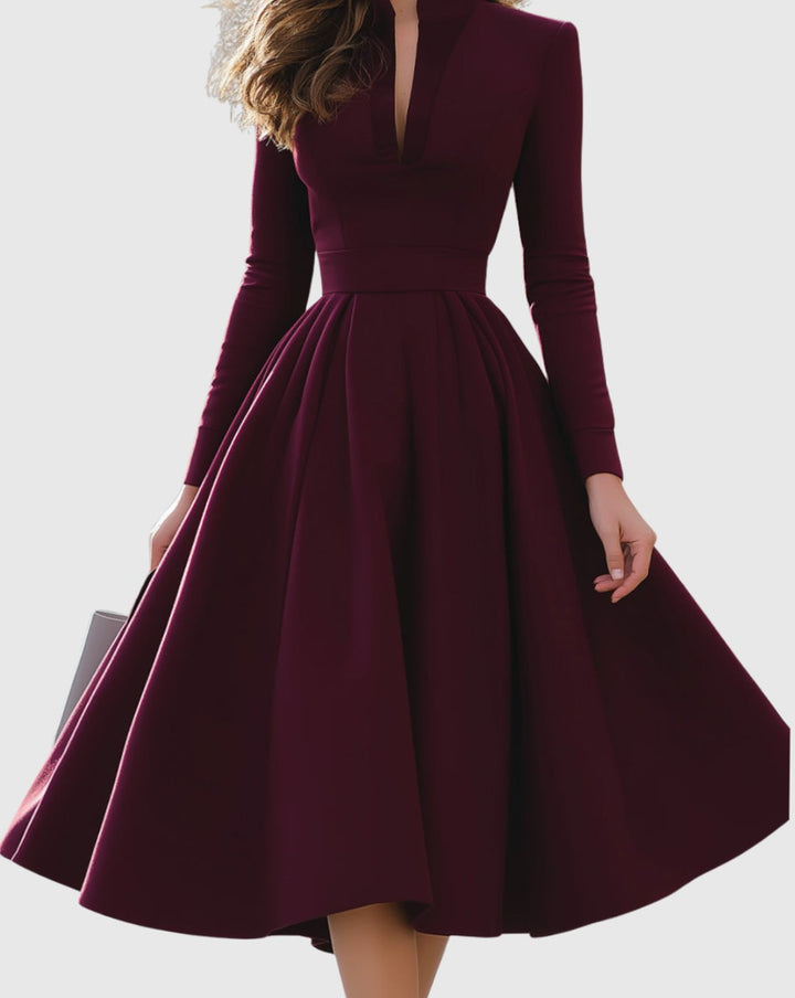 Women's V-Neck Long Sleeve Fit-and-Flare Pleated Midi Dress