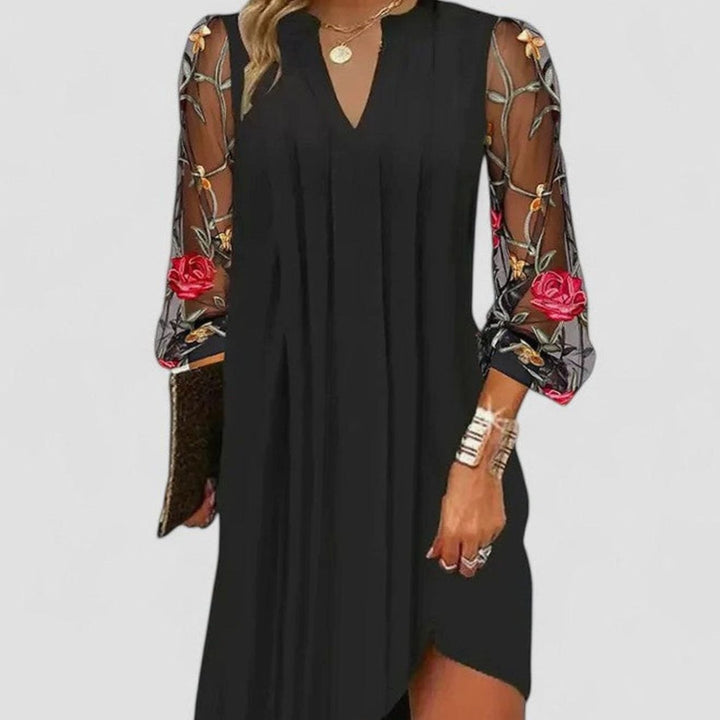 Women's V-Neck Long Sleeve Floral Mesh Mini Dress - Black