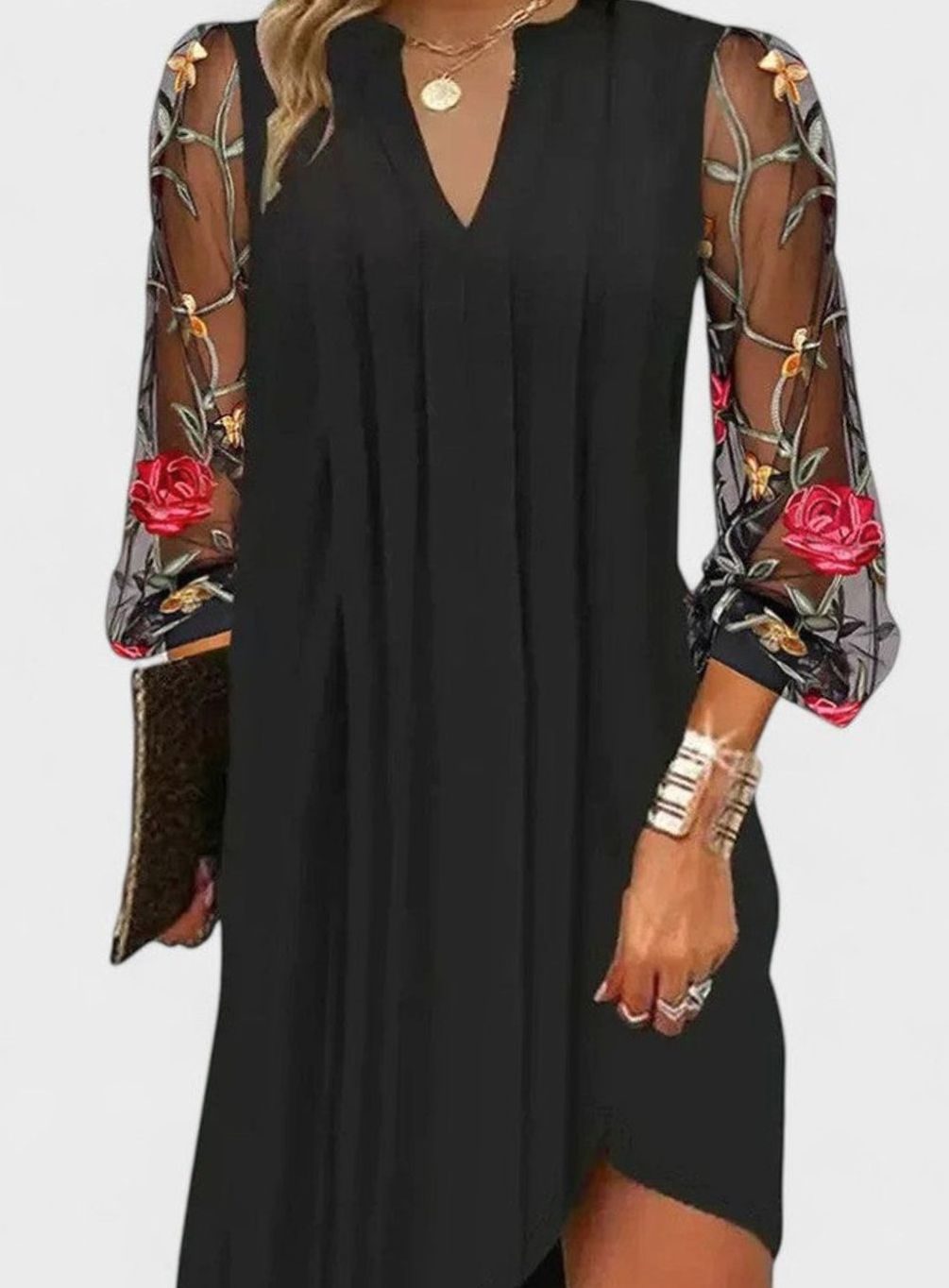 Women's V-Neck Long Sleeve Floral Mesh Mini Dress