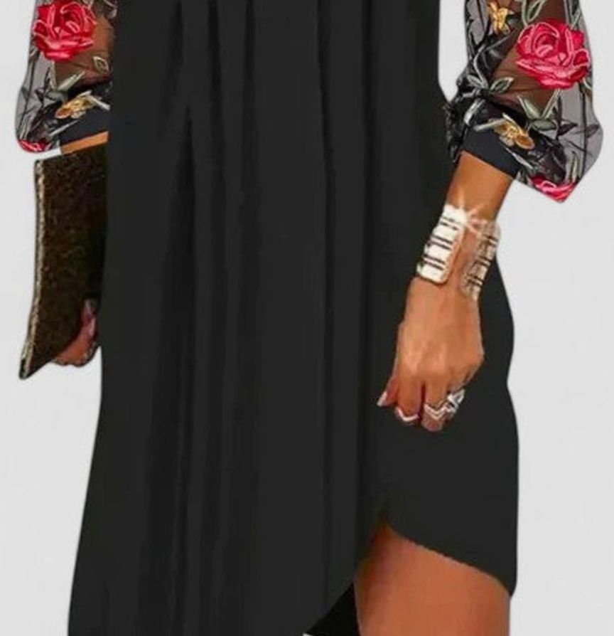 Women's V-Neck Long Sleeve Floral Mesh Mini Dress