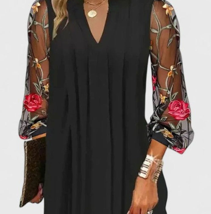 Women's V-Neck Long Sleeve Floral Mesh Mini Dress