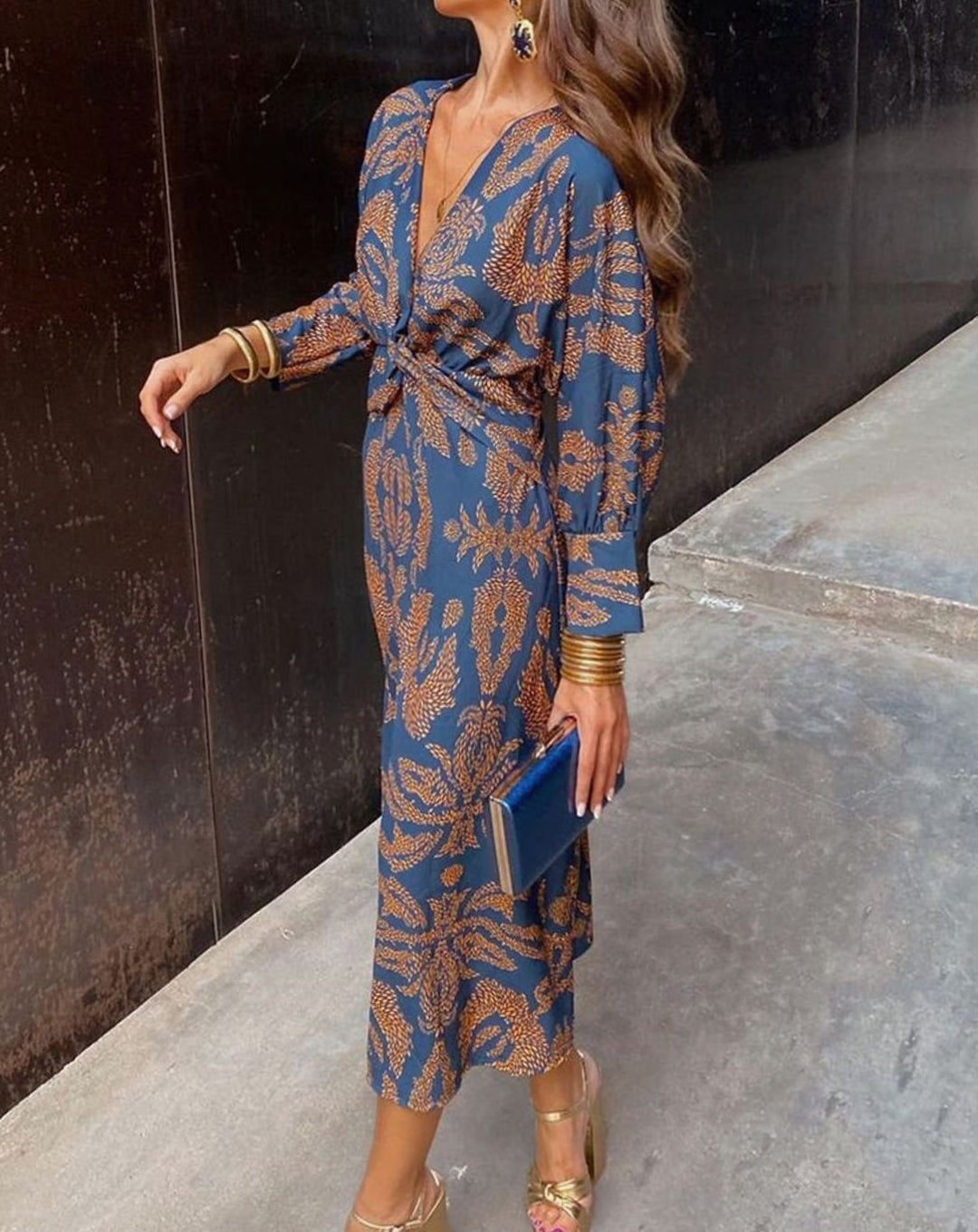 Women's V-Neck Long-Sleeve Front-Knot Paisley Maxi Dress - Blue