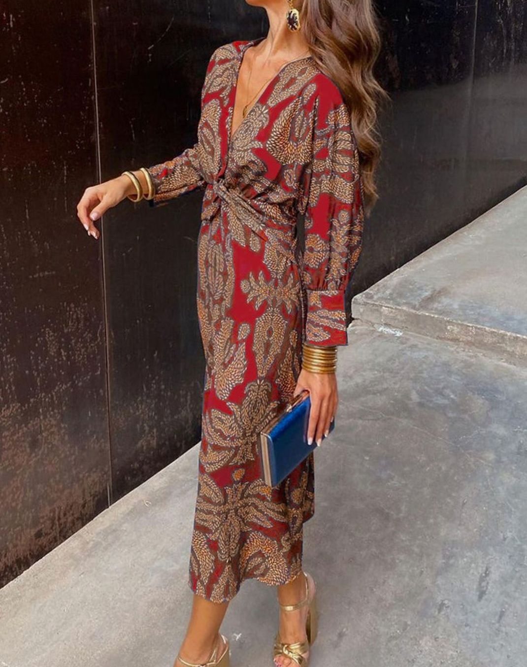 Women's V-Neck Long-Sleeve Front-Knot Paisley Maxi Dress - Red