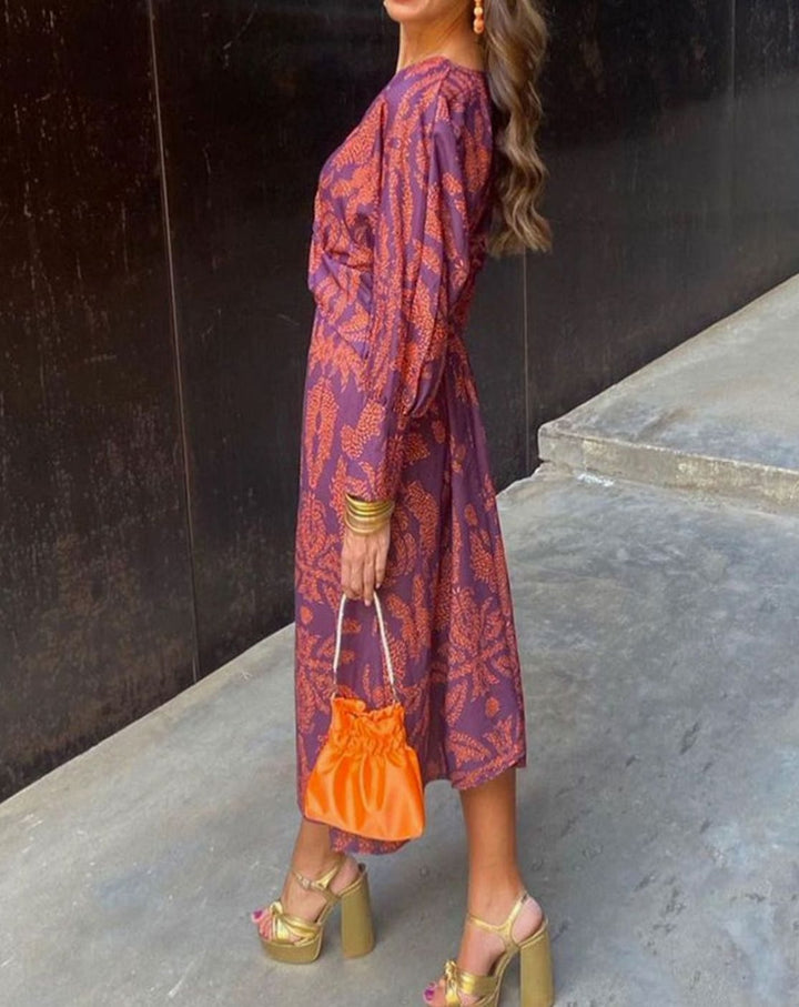 Women's V-Neck Long-Sleeve Front-Knot Paisley Maxi Dress - Purple