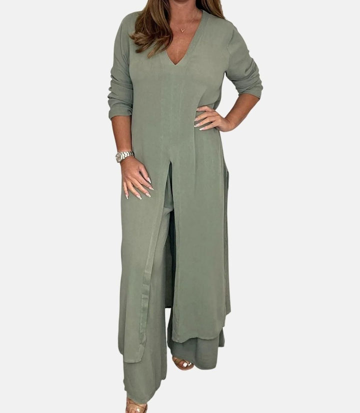 Women's V-Neck Long Slit-Top Wide-Leg Pants Two-Piece Set