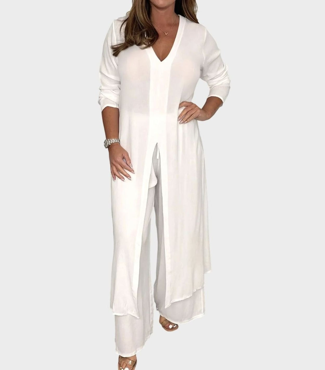 Women's V-Neck Long Slit-Top Wide-Leg Pants Two-Piece Set - White