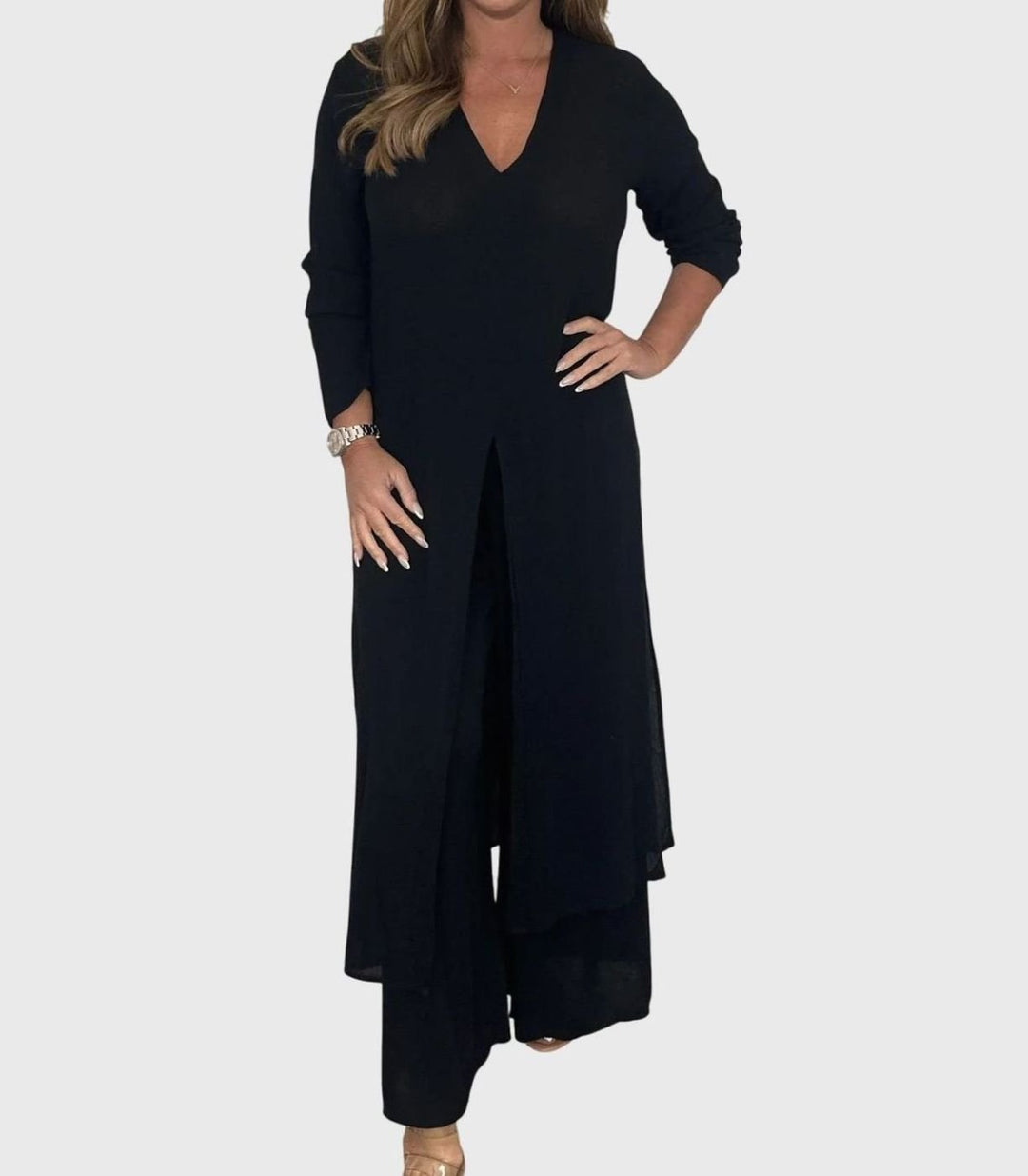 Women's V-Neck Long Slit-Top Wide-Leg Pants Two-Piece Set - Black
