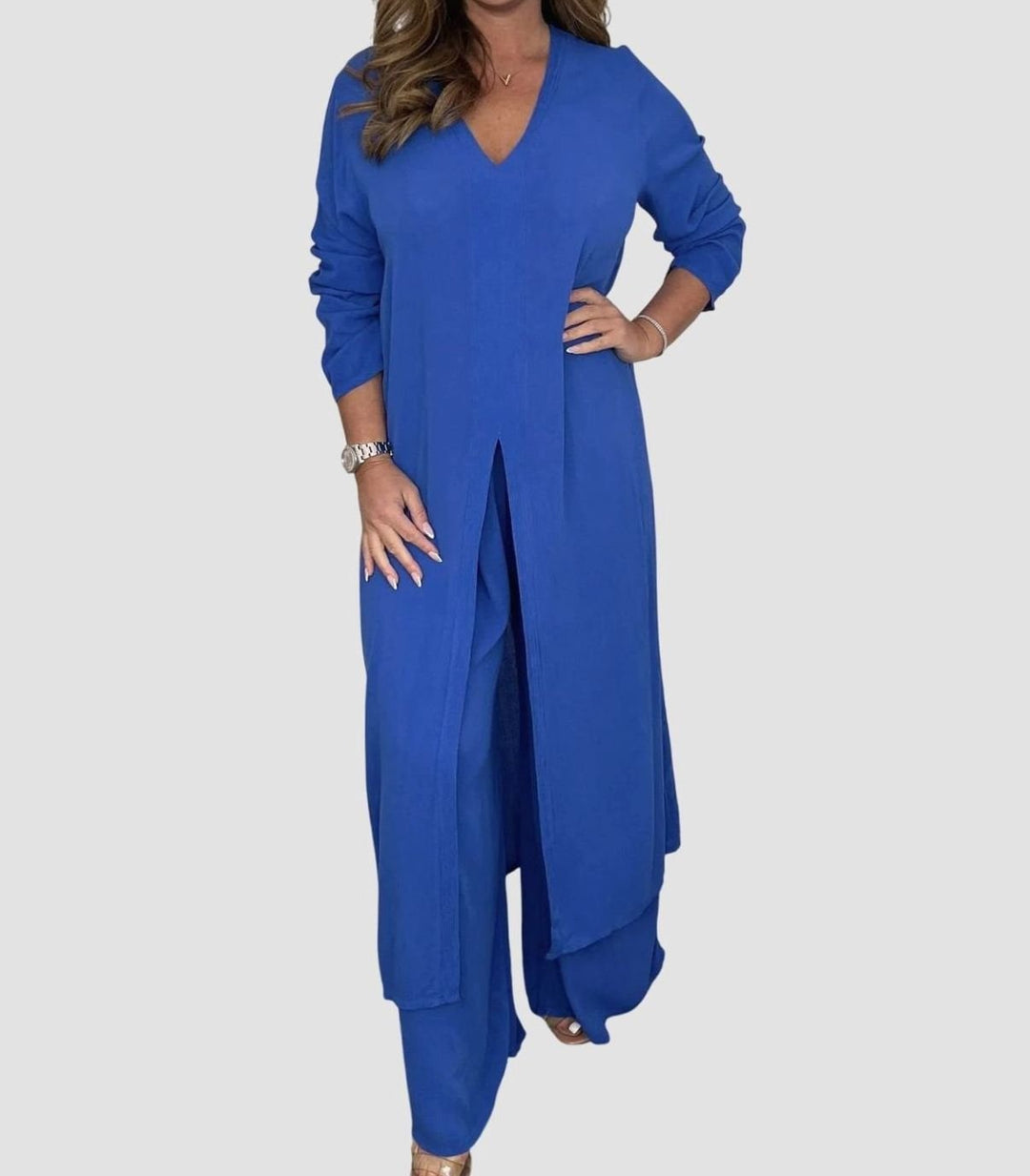 Women's V-Neck Long Slit-Top Wide-Leg Pants Two-Piece Set - Blue