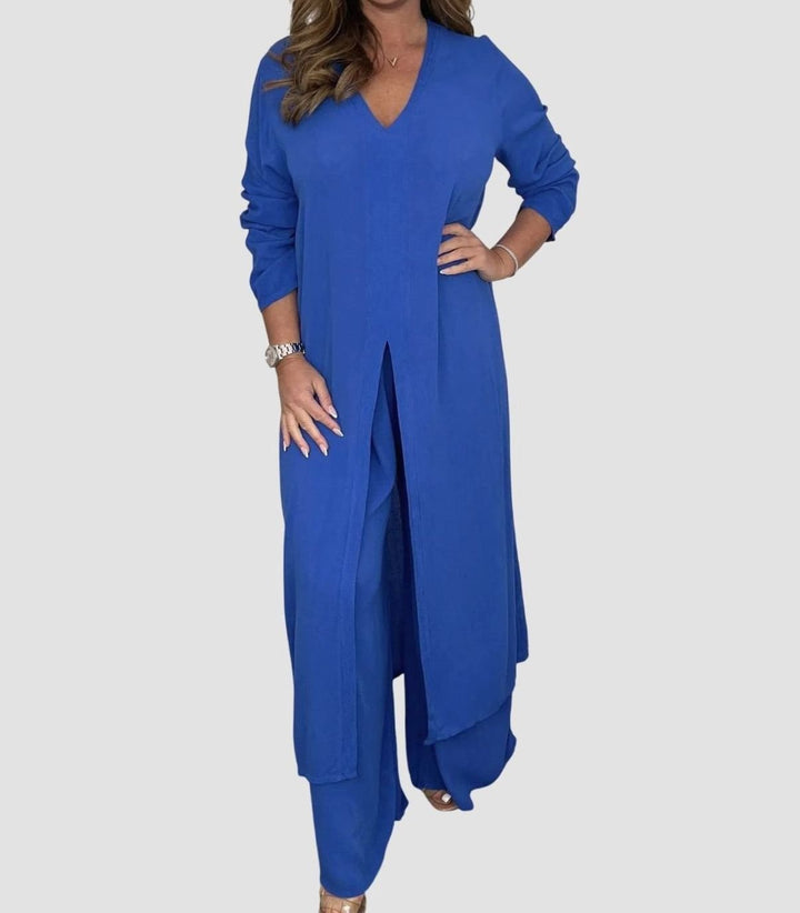 Women's V-Neck Long Slit-Top Wide-Leg Pants Two-Piece Set - Blue
