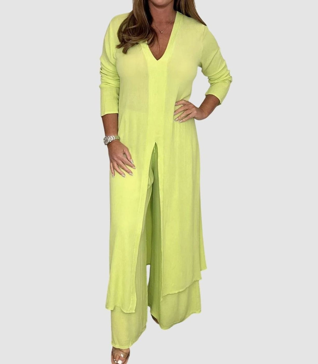 Women's V-Neck Long Slit-Top Wide-Leg Pants Two-Piece Set - Yellow
