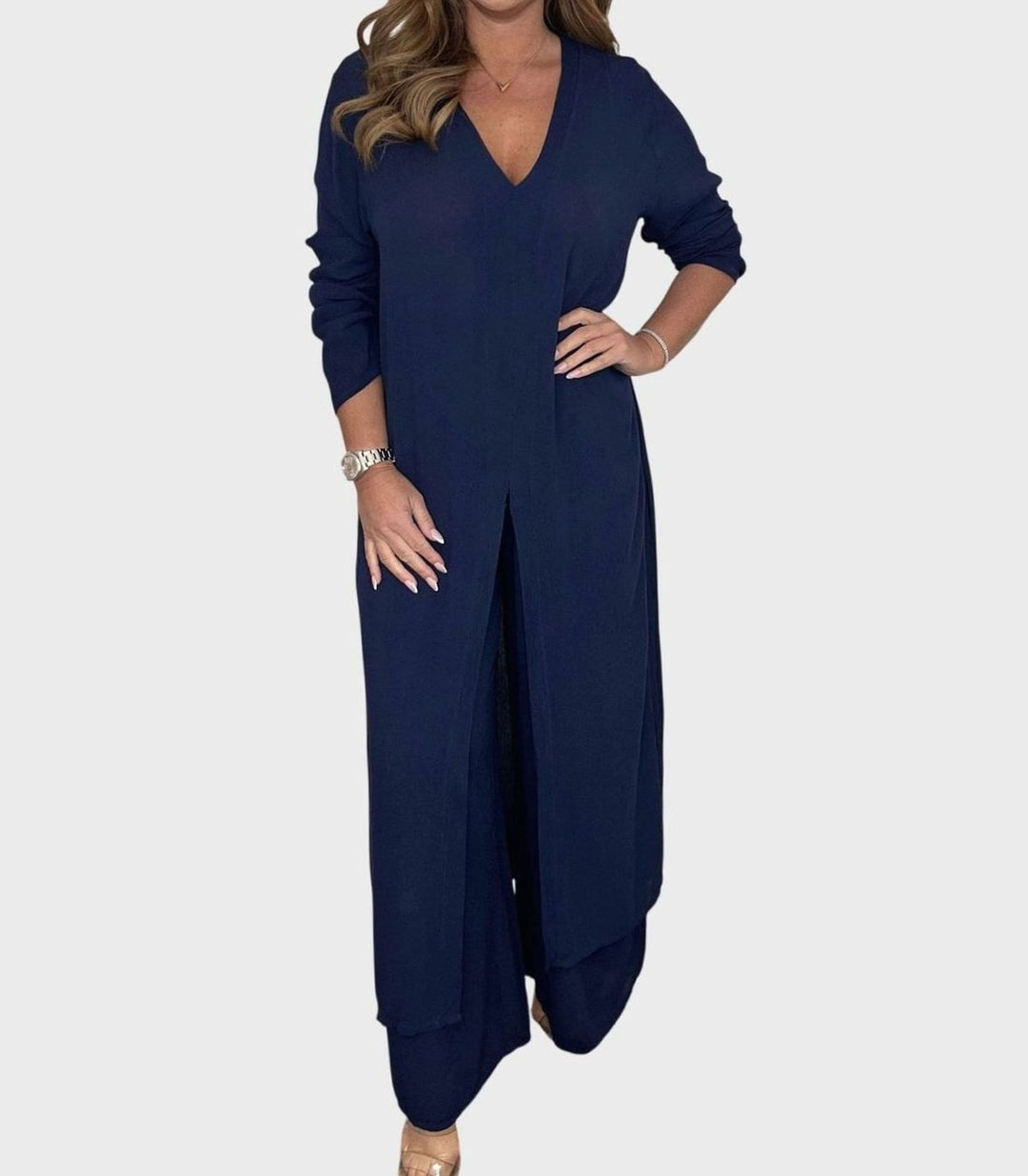 Women's V-Neck Long Slit-Top Wide-Leg Pants Two-Piece Set - Navy Blue