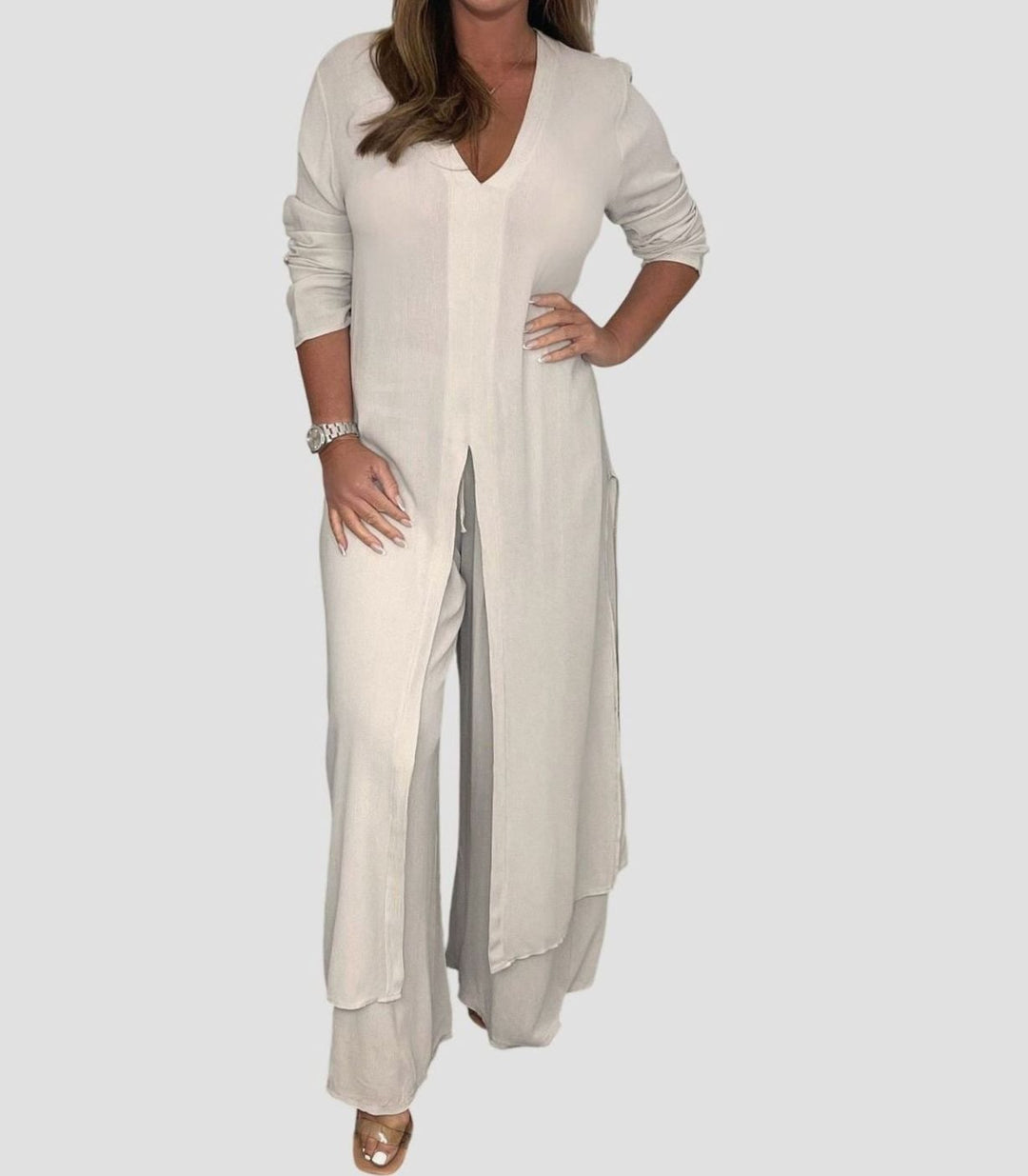 Women's V-Neck Long Slit-Top Wide-Leg Pants Two-Piece Set - Beige