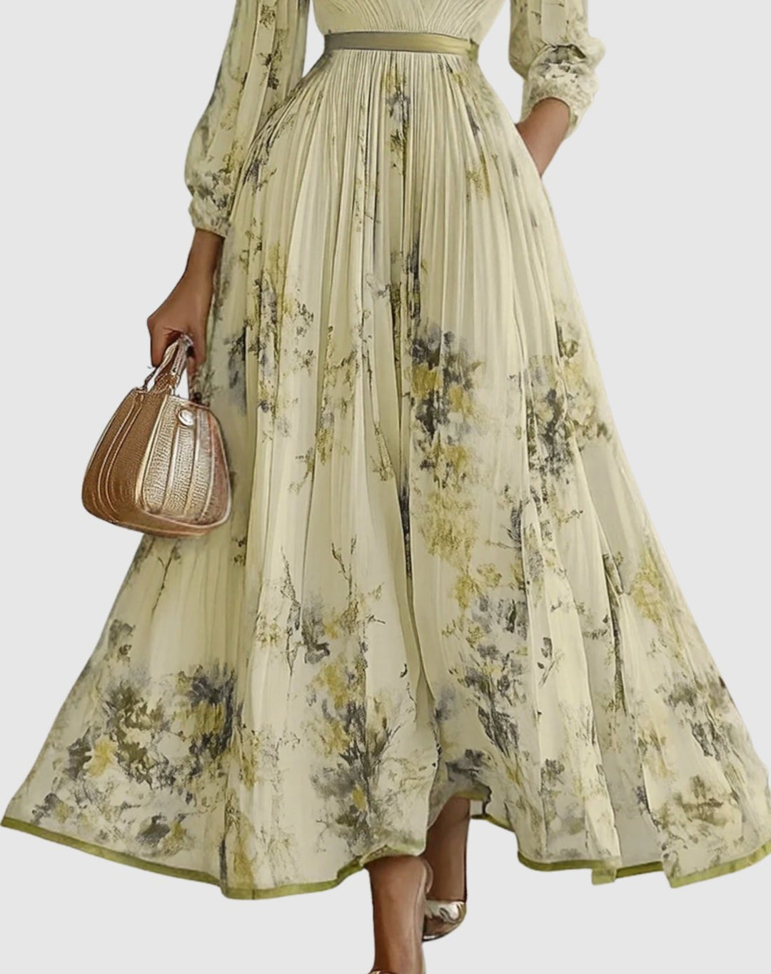 Women's V-Neck Pleated Floral Ribbon-Tie Maxi Dress