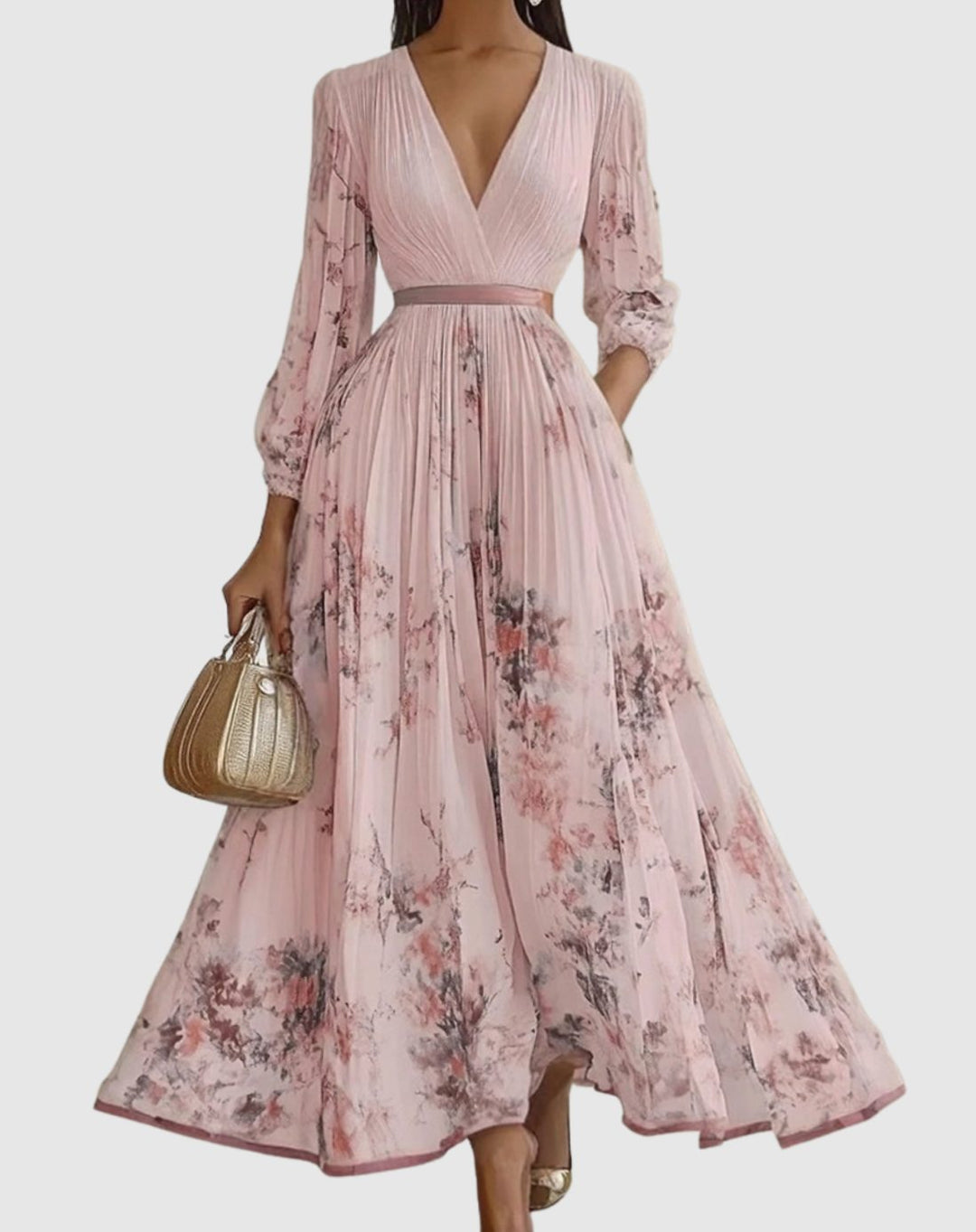 Women's V-Neck Pleated Floral Ribbon-Tie Maxi Dress - Pink