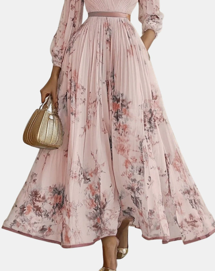 Women's V-Neck Pleated Floral Ribbon-Tie Maxi Dress