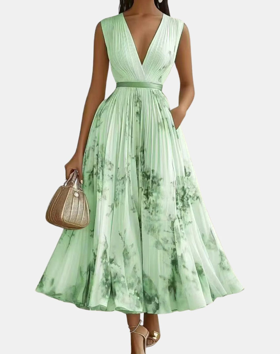 Women's V-Neck Pleated Floral Ribbon-Tie Maxi Dress - Green