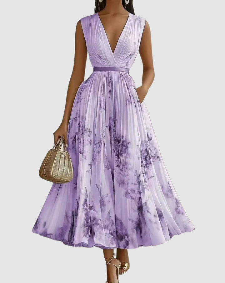 Women's V-Neck Pleated Floral Ribbon-Tie Maxi Dress - Purple