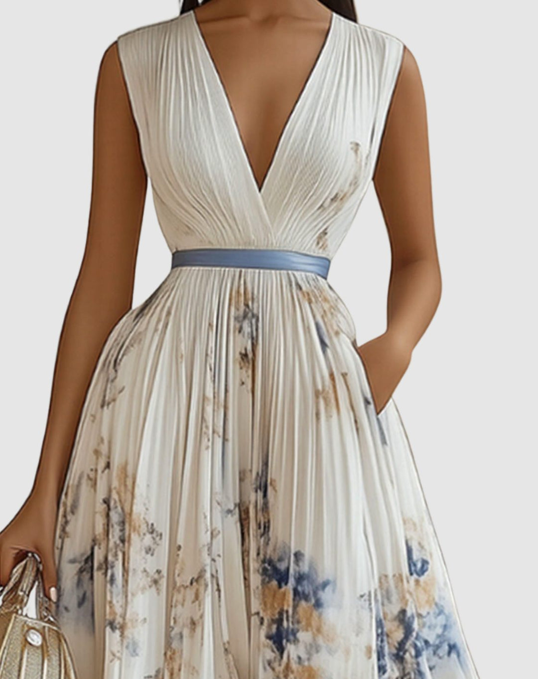 Women's V-Neck Pleated Floral Ribbon-Tie Maxi Dress