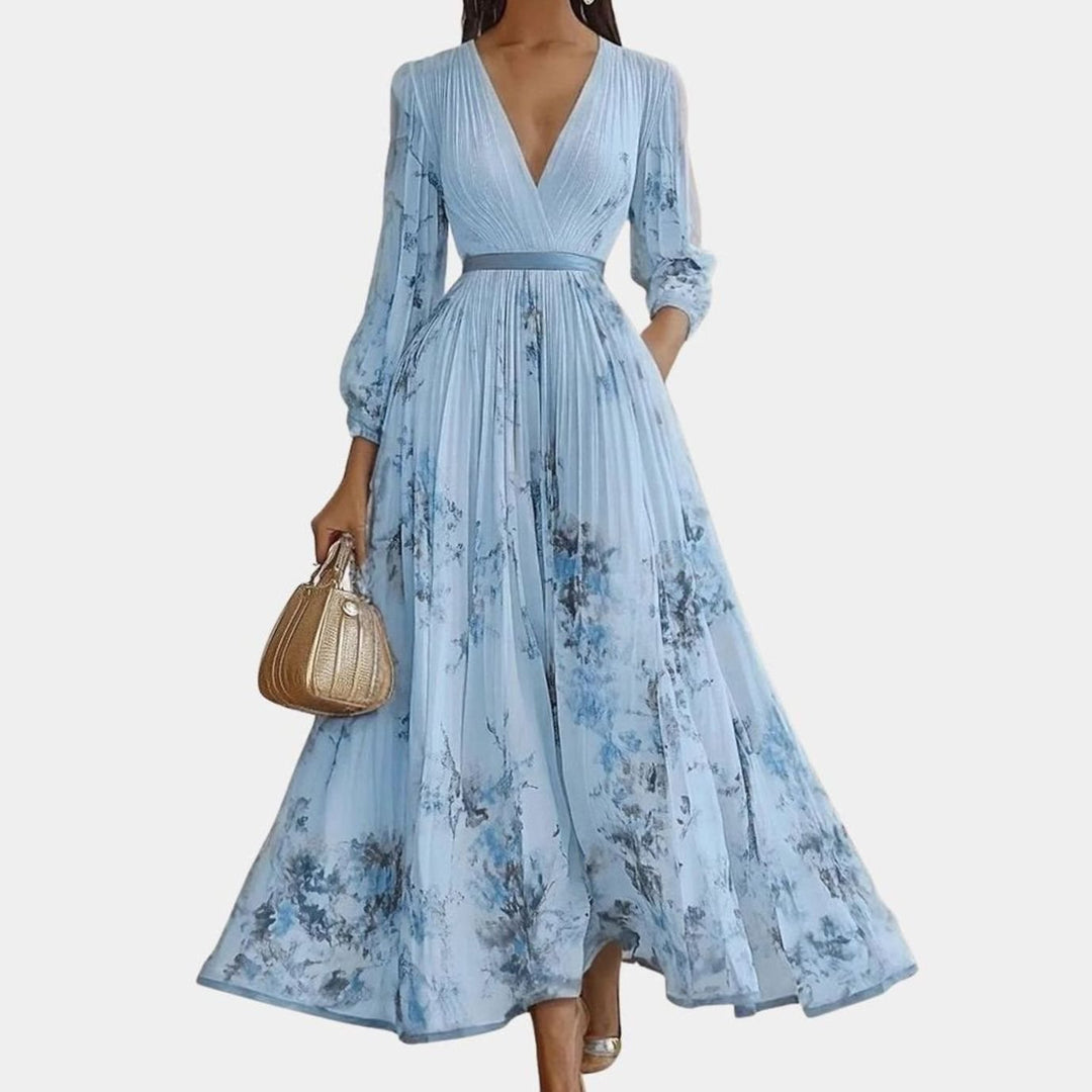 Women's V-Neck Pleated Floral Ribbon-Tie Maxi Dress