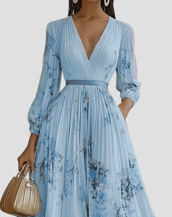 Women's V-Neck Pleated Floral Ribbon-Tie Maxi Dress - Blue