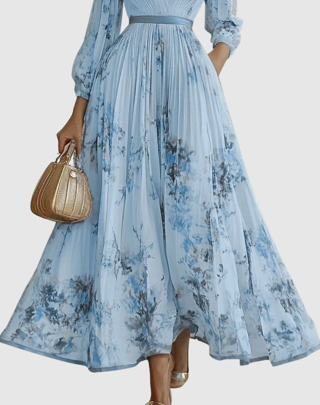 Women's V-Neck Pleated Floral Ribbon-Tie Maxi Dress