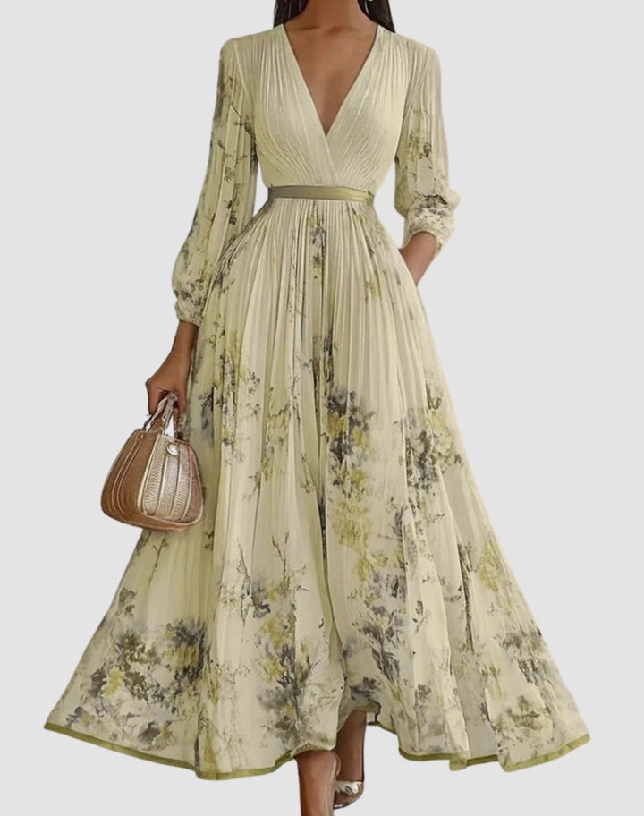 Women's V-Neck Pleated Floral Ribbon-Tie Maxi Dress - Yellow