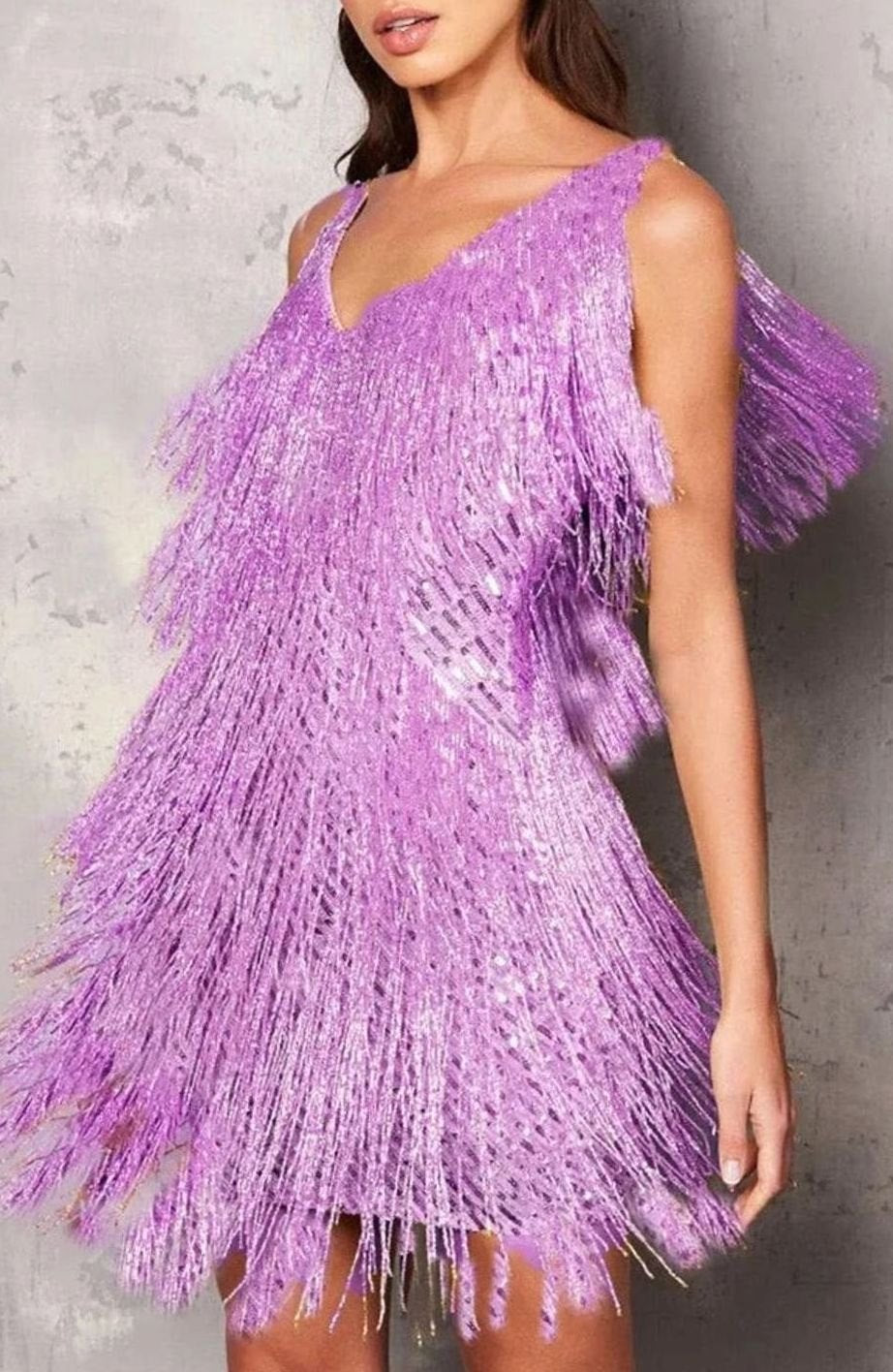 Women's V-Neck Sequin Fringe A-Line Cocktail Dress - Purple