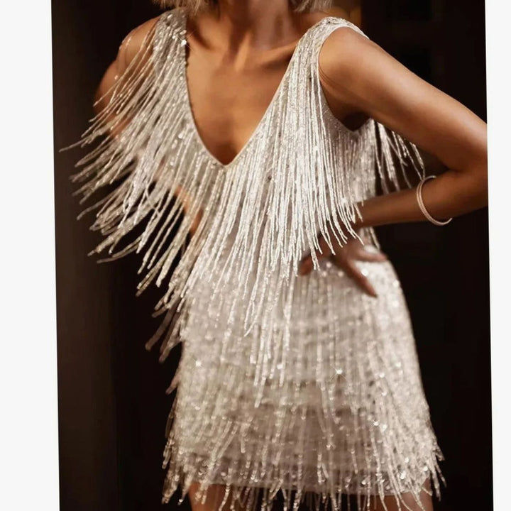 Women's V-Neck Sequin Fringe A-Line Cocktail Dress - Silver