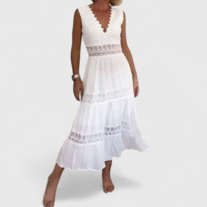 Women's V-Neck Sleeveless Crochet Lace Tiered Midi Dress - White