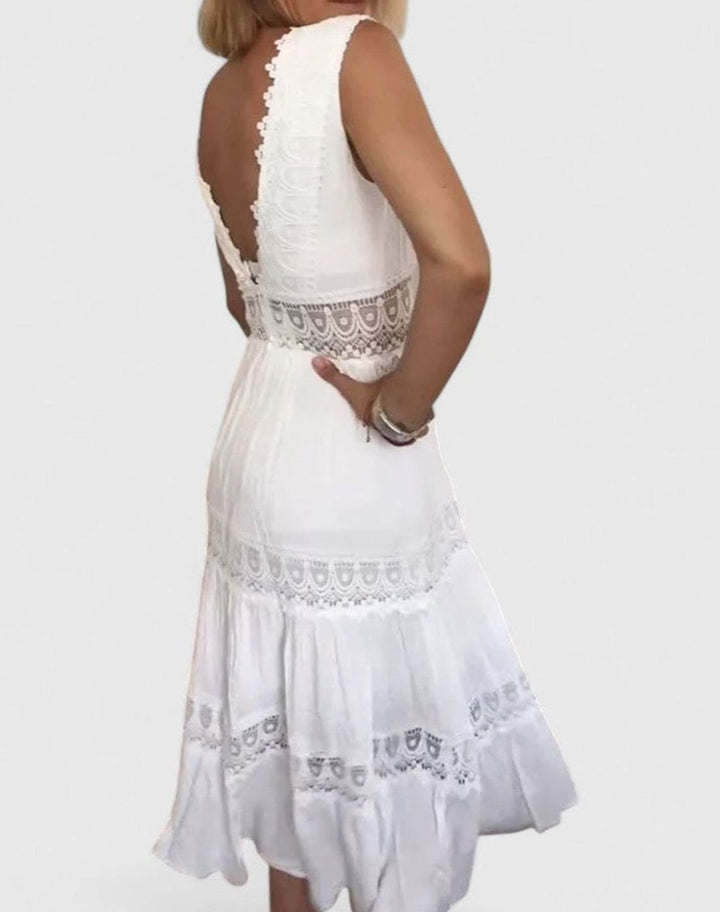 Women's V-Neck Sleeveless Crochet Lace Tiered Midi Dress