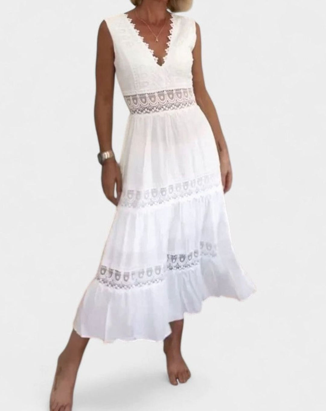 Women's V-Neck Sleeveless Crochet Lace Tiered Midi Dress