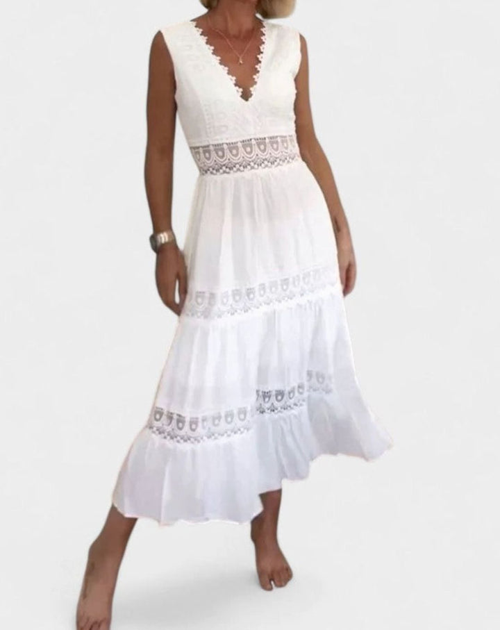 Women's V-Neck Sleeveless Crochet Lace Tiered Midi Dress
