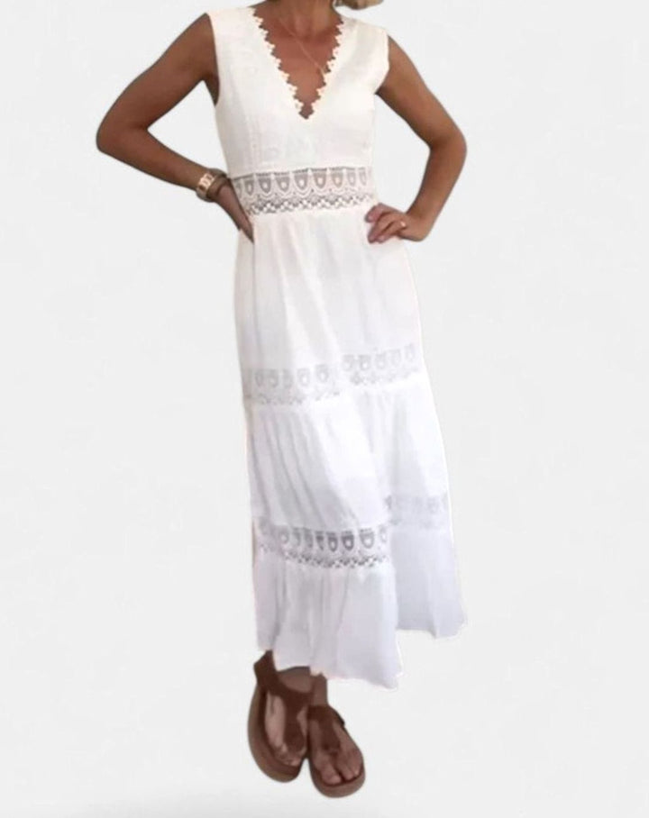 Women's V-Neck Sleeveless Crochet Lace Tiered Midi Dress