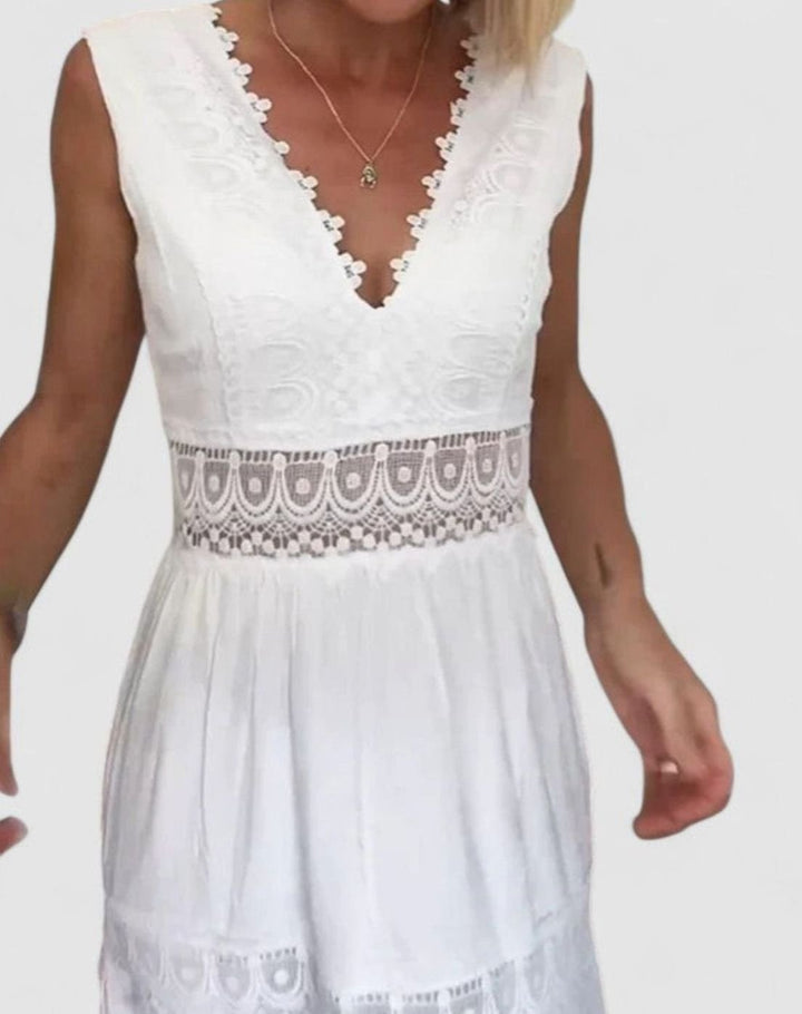 Women's V-Neck Sleeveless Crochet Lace Tiered Midi Dress