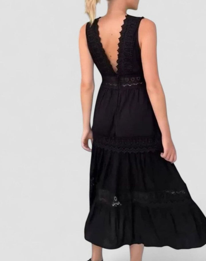 Women's V-Neck Sleeveless Crochet Lace Tiered Midi Dress