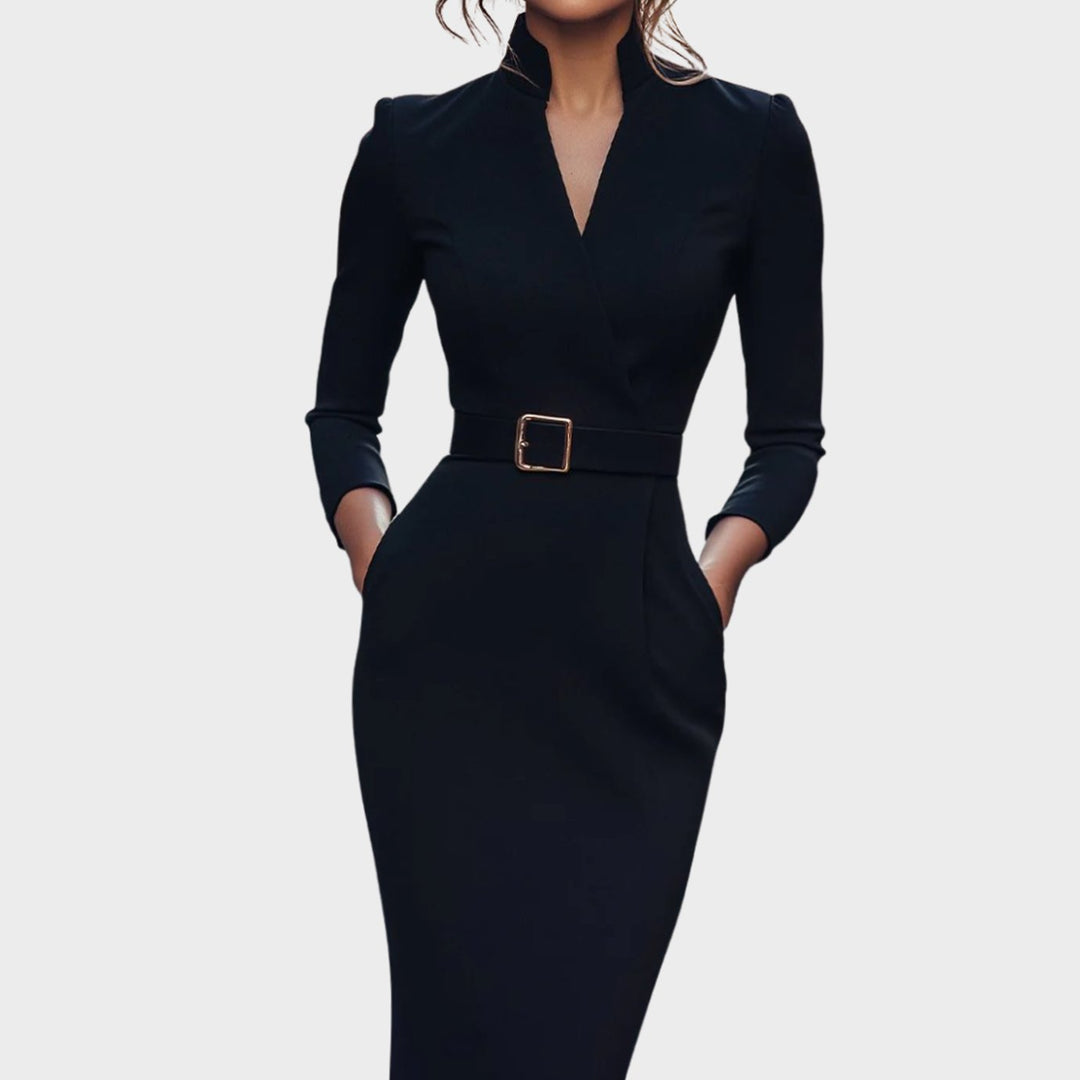 Women's V-Neck Three-Quarter Sleeve Belted Pencil Midi Dress