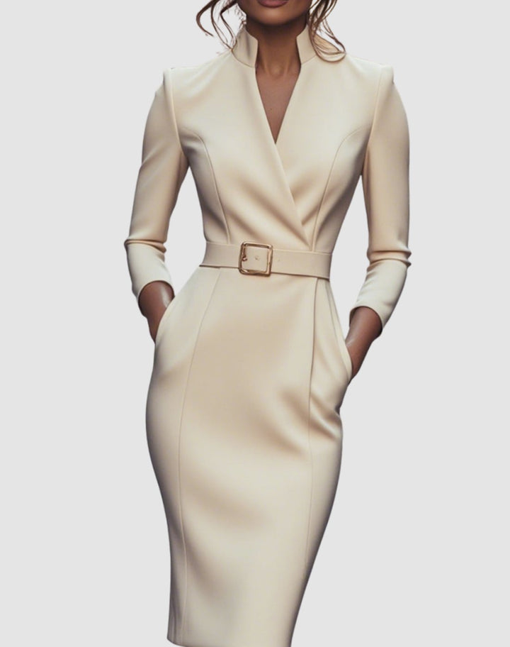 Women's V-Neck Three-Quarter Sleeve Belted Pencil Midi Dress - Apricot