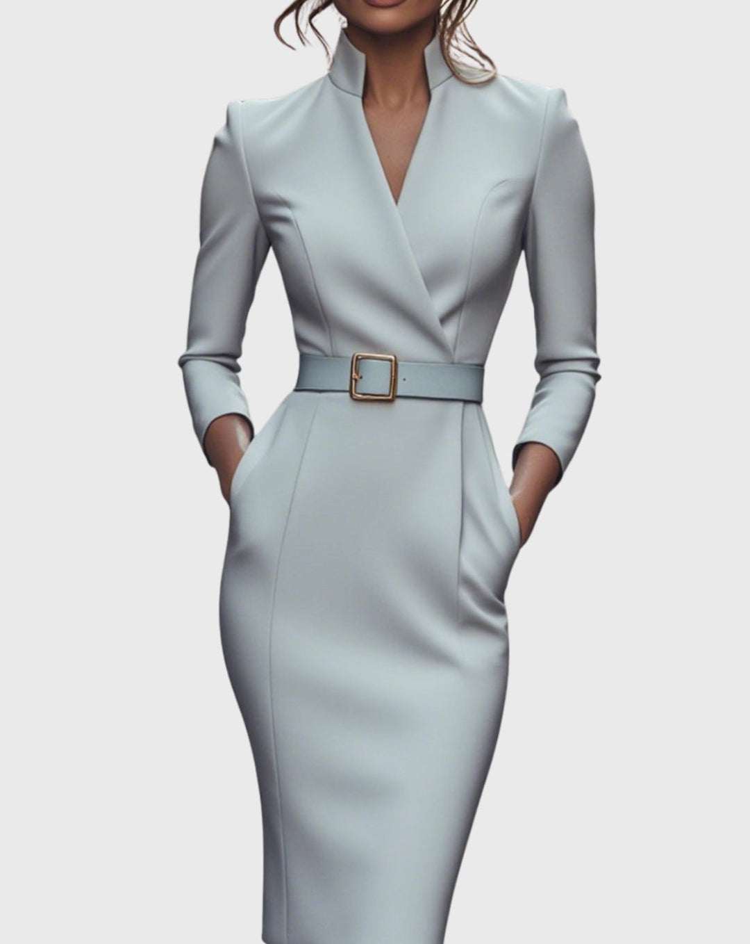 Women's V-Neck Three-Quarter Sleeve Belted Pencil Midi Dress - Gray